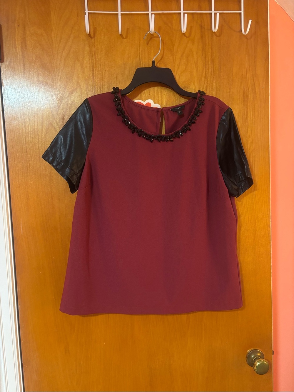 Embellished Burgundy Women's Top with Faux Leather Sleeves Size L